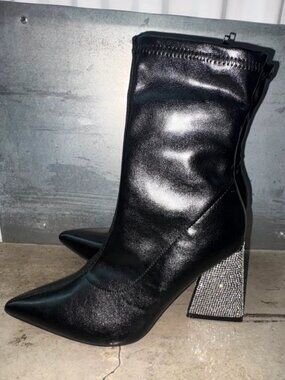 Black booties with rhinestone heel